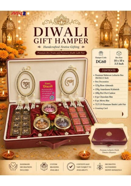 Ultra Premium Diwali Gift Hamper in Wooden Suitcase design with leatherite finish. Mewa Bites, Chocolate Bites, Flavoured Dry fruits, Acrylic Shubh Labh & Greeting Card