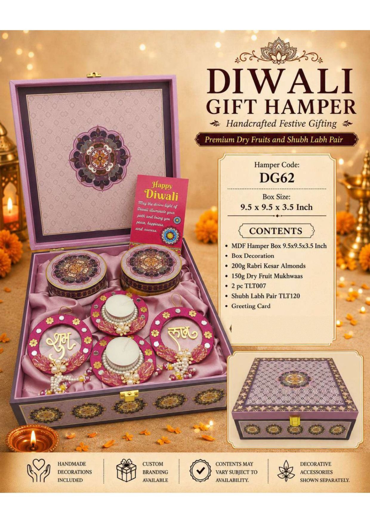 Diwali_Gift_Hamper_Catalogue_Without_Pricing (2)-11 (1) Premium Royal Purple Handcrafted MDF Diwali Gift Hamper with 2 Dry Fruit Jars, Magenta Shubh Labh Pair, T-Light Holders & Gold-Accent Mandala Motif Decorative Finish. - Image 1