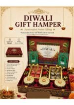 Ultra Premium Diwali Gift Hamper in Wooden Box design with Laser Cutting Velvet Finish. Mewa Bites, Chocolate Bites, Flavoured Dry fruits, Acrylic Beautiful Shubh,Labh & Greeting Card.