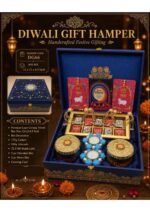 Blue Velvet Luxury Touch Hamper with Mewa & Chocolate Bites , Flavoured Cashews And Almonds In Curated Jars With Shubh Labh Decor