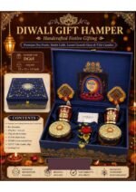 Blue Velvet Luxury Touch Hamper with Mewa & Chocolate Bites , Flavoured Cashews And Almonds In Curated Jars With Shubh Labh Decor.